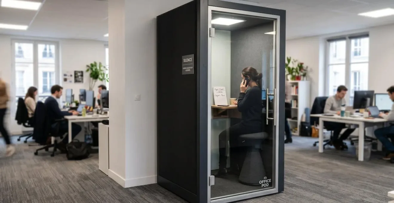 Cabine acoustique individuelle gris anthracite installée dans un open-space avec intérieur visible : siège ergonomique et éclairage intégré