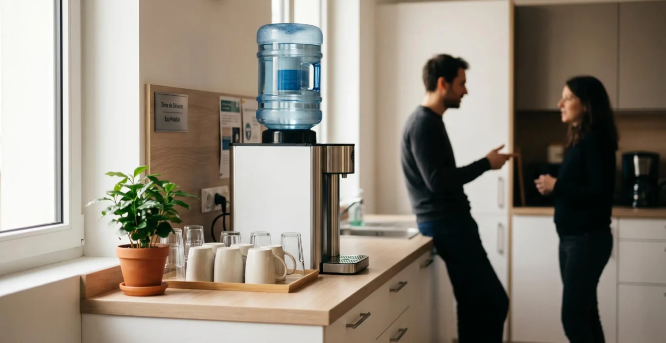 Espace convivialité d'entreprise avec fontaine à eau professionnelle, comptoir épuré et collaborateurs en interaction informelle en arrière-plan