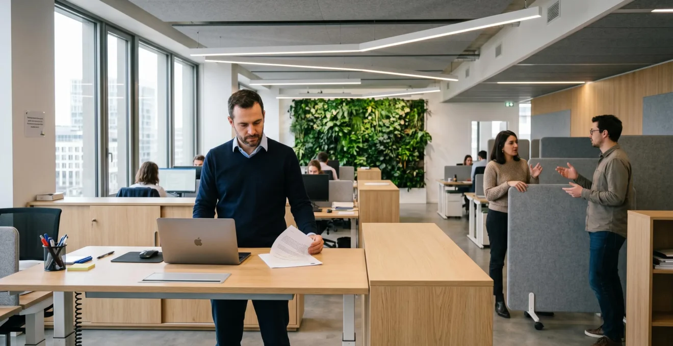 Open-space professionnel moderne avec collaborateur à bureau réglable debout, cloisons acoustiques mobiles, mur végétal et lumière naturelle