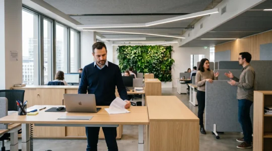 Open-space professionnel moderne avec collaborateur à bureau réglable debout, cloisons acoustiques mobiles, mur végétal et lumière naturelle
